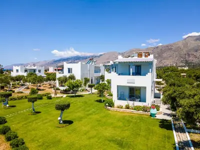 an aerial view of a villa with a yard at Paradisos in Frangokastello