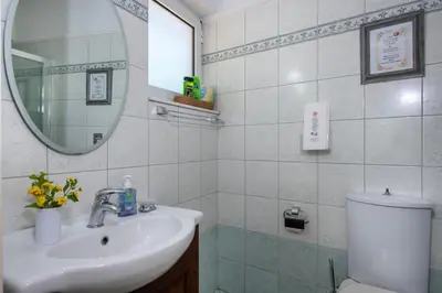 a bathroom with a sink and a mirror and a toilet at Luxury Seaside Villa Plumeria ,50m to Sandy Beach, Chania in Tersanas
