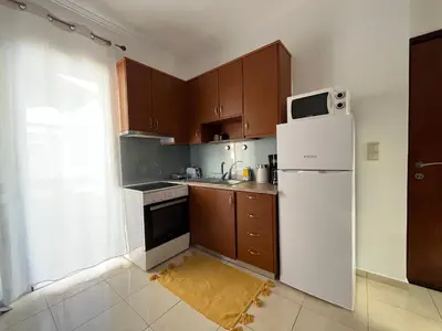 a kitchen with a white refrigerator and a microwave at Seaside cozy apartment in Aghii Apostoli