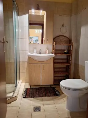 a bathroom with a sink and a toilet and a shower at Dreamy South Sea View Apartments with Pool in Frangokastello