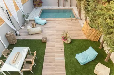 an overhead view of a backyard with a swimming pool at G&M Luxury Residence with pool in Chania Town