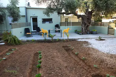 a yard with chairs and a table and a tree at Bellisima Campagna Cabin Pelekapina - Chania Crete in Chania Town