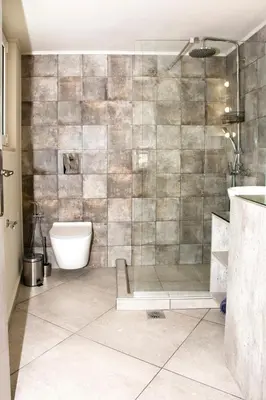 a bathroom with a shower and a toilet at Sia's Sea House in Almirida