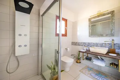 a bathroom with a shower and a toilet at Eliva house in Chania Town