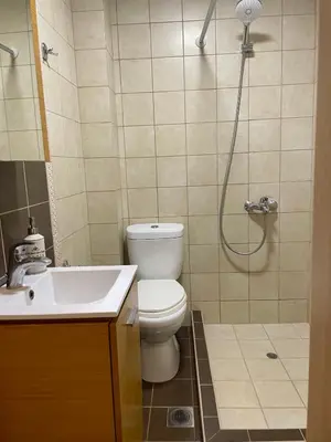 a bathroom with a shower and a toilet and a sink at City Spot Chania in Chania Town