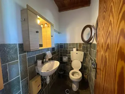 a bathroom with a toilet and a sink and a mirror at Koumos in Kalyves