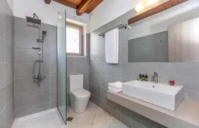 a bathroom with a sink and a toilet and a shower at Villa Vereniki in Áyios Andhréas
