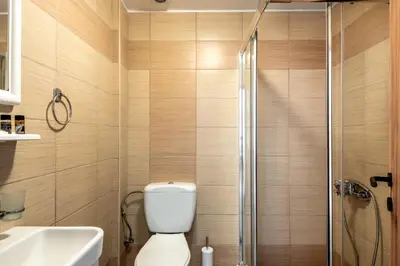 a bathroom with a toilet and a shower at Superb apartmentS Kriaras sea view in Sfakia in Khóra Sfakíon