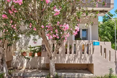 a fence next to a tree with pink flowers at Lux and Cozy in Kato Daratso