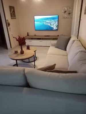 a living room with a white couch and a tv at Giannis House in Kissamos in Kissamos