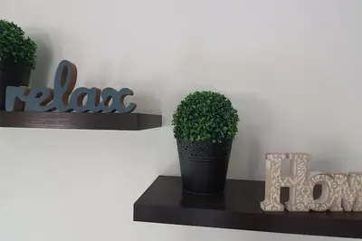 a black shelf with two potted plants on it at E&G Relax Homes-C in Kissamos