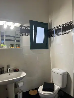 a bathroom with a white toilet and a sink at serenissimo A&A in Galatás