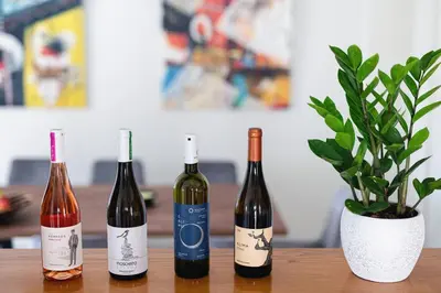 three bottles of wine and a potted plant on a table at Callista City Living in Chania Town