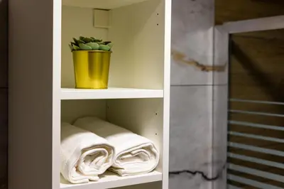 a towel shelf with a potted plant and towels at Adriana Apartment in Agia Marina Nea Kydonias