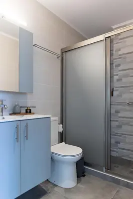 a bathroom with a toilet and a shower at Oliva Verde Residences in Galatás