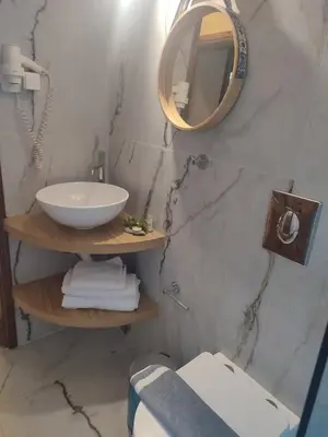 a bathroom with a sink and a mirror and a toilet at Evangelos Apartments in Plataniás
