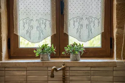a kitchen window with two potted plants and a sink at Anthea Cottage in Kaloudhianá