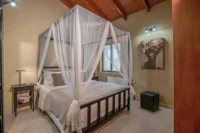 a bedroom with a canopy bed with mosquito nets at Anthea Cottage in Kaloudhianá