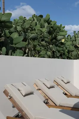 a group of chaise lounges in front of a green bush at Villa Methexis in Arménoi