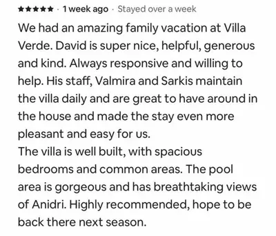 a screenshot of a text message about a house at Staffed, unique and luxurious coastal villa in beautiful Anidri, Paleochora in Palaiochóra