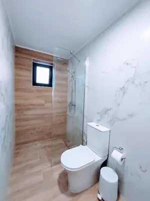 a white bathroom with a toilet and a shower at Blue Horizon Kissamos Apartment in Kissamos