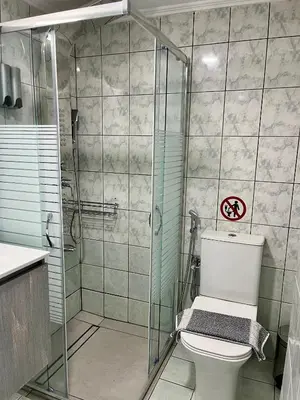a bathroom with a toilet and a glass shower at Dream Apartments in Palaiochóra
