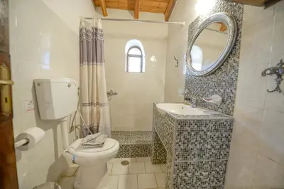 a bathroom with a toilet and a sink and a mirror at Velanos Villas in Kefálion