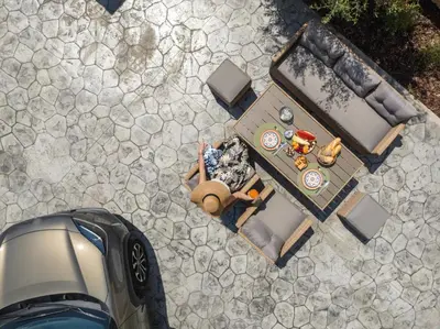 an overhead view of a patio with a table and chairs at Villa Eliomylos in Souda