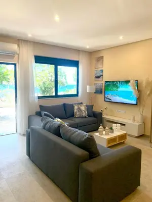a living room with a couch and a tv at Paleochora Beach Studio (BRAND NEW) in Palaiochóra