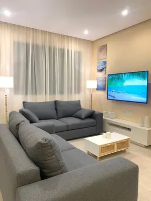 a living room with a couch and a flat screen tv at Paleochora Beach Studio (BRAND NEW) in Palaiochóra