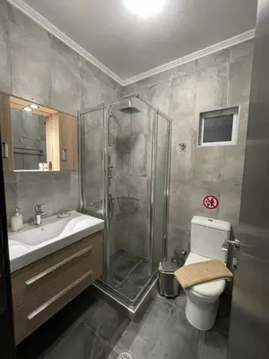 a bathroom with a shower and a toilet and a sink at Elia House in Chania Town