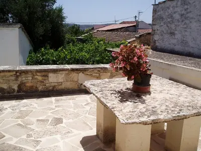 a stone table with a potted plant on a balcony at Small traditional house in Douliana