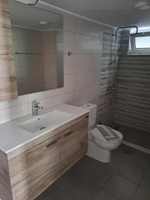 a bathroom with a sink and a toilet and a mirror at Parthenon apartment in Souda