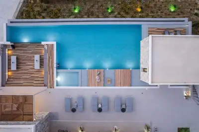 an overhead view of a house with a swimming pool at Magical new luxury villa Camellia! in Kissamos