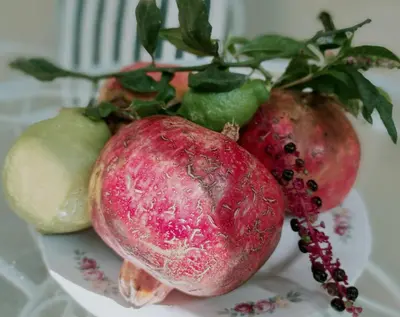 two pomegranates and other vegetables on a plate at Mavrogenis Farm Chania Crete in Plataniás