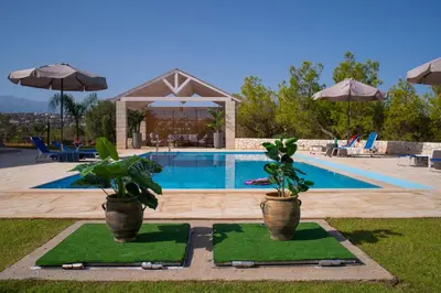 a swimming pool with two potted plants in front of it at Al Aker Villa with private pool in Kalathas