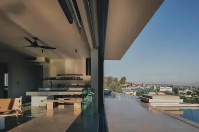 a large kitchen with a view of the city at Inspiration House in Souda