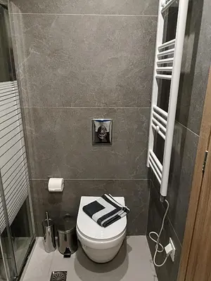 a small bathroom with a toilet and a shower at Alchania komi luxury apartment in Chania Town