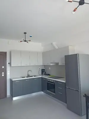 a kitchen with gray cabinets and a refrigerator at Alchania komi luxury apartment in Chania Town