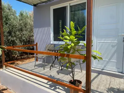 a porch with a table and a plant on it at Vine Veranda in Palaiochóra
