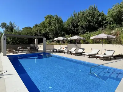a swimming pool with lounge chairs and umbrellas next to at Villa Karissa in Gavalochori