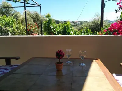 a table with two glasses and a vase with flowers on it at El Greco Studios in Agia Marina Nea Kydonias