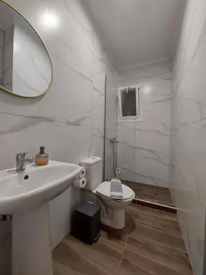 a white bathroom with a sink and a toilet at Pasithea apts in Almirida