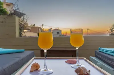 two glasses of orange juice sitting on a tray at Casa Anthea 3 bedroom apartment with Garden in Kounoupidhianá