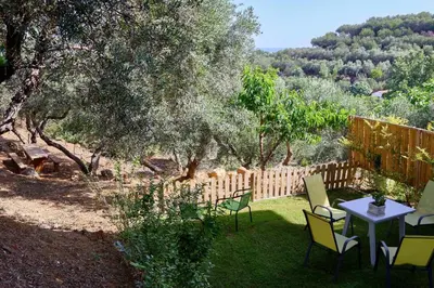 a table and chairs in a yard with trees at Renia's house in Daratso