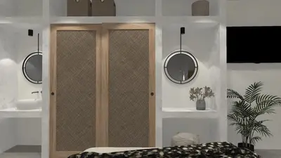 a bedroom with a closet with two mirrors on the wall at Cozy Studio in the Heart of Chania in Chania Town
