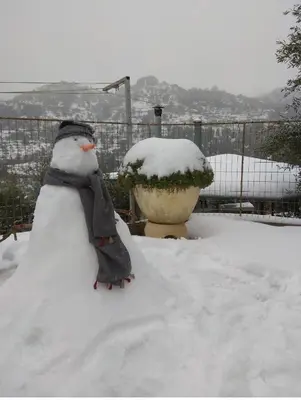 a snow man is standing in the snow at Karel house in Karés