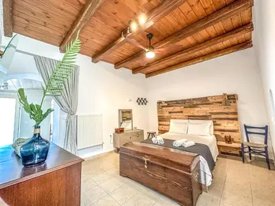 a bedroom with a bed and a wooden wall at Mountain Bliss Guesthouse 1 next to Sougia in Agrilés