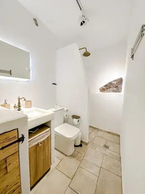 a bathroom with a toilet and a sink at Mountain Bliss Guesthouse 2 next to Sougia in Agrilés