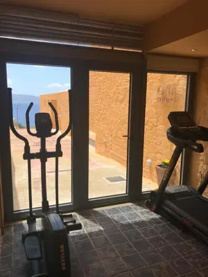 a gym with two elliptical machines and a window at Beachfront Ravdoucha Epavlis Eleni Villa - Pool, Hot Tub, Gym, Sauna, Private Parking, WiFi in Chania Town